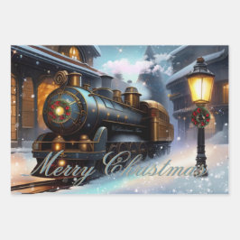クリスマストレインウォーターカラーギフト ラッピングペーパーシート