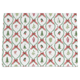 クリスマストレリス赤い弓のオーナメントと葉 ラージペーパーバッグ