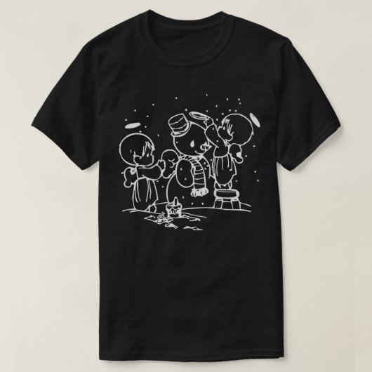 クリスマストレンディースケッチエンジェルス建物雪だるまm tシャツ (デザイン正面)