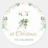 クリスマストロピカルグリーンパーム葉で喜び ラウンドシール (正面)