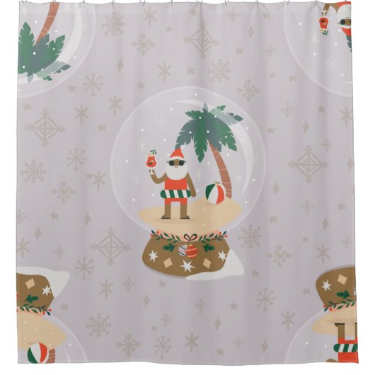 クリスマストロピカルサマースノーグローブブラックサンタ シャワーカーテン (正面)