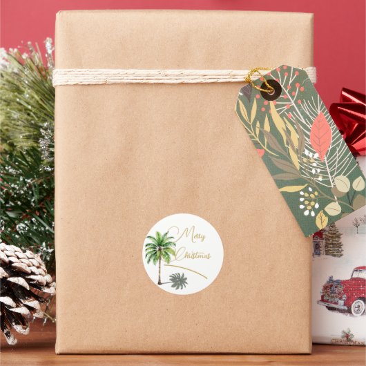 クリスマストロピカルパームツリーメリー金ゴールド ラウンドシール (クリスマス)