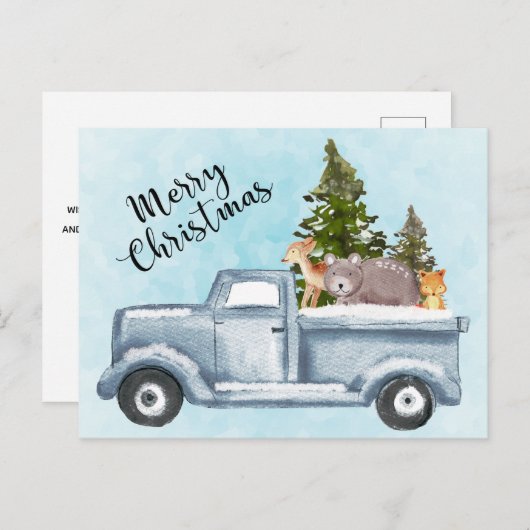 クリスマスト運ラックの木と動物の休日 ポストカード (正面/裏面)