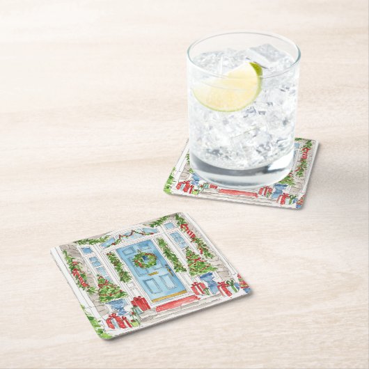 クリスマスドアウォーターカラーコースター スクエアペーパーコースター (インサイチュ)