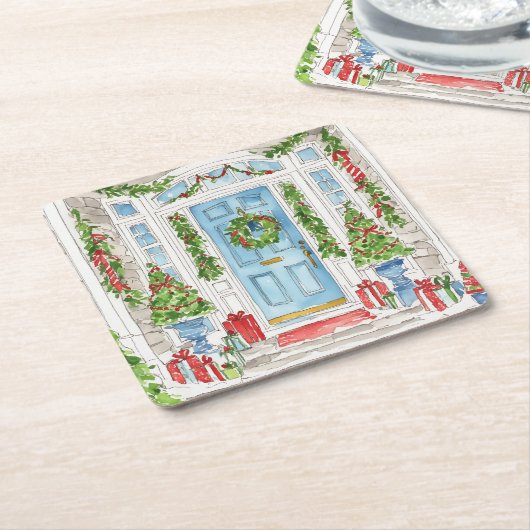 クリスマスドアウォーターカラーコースター スクエアペーパーコースター (アングル)