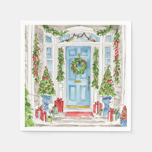 クリスマスドアウォーターカラーナプキンズ スタンダードカクテルナプキン (正面)