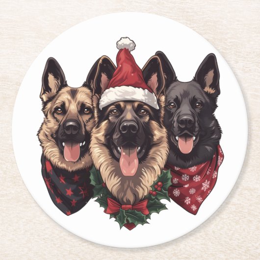 クリスマスドイツの羊飼い犬 ラウンドペーパーコースター (正面)