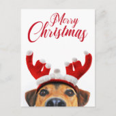 クリスマスドッグおもしろいかわいいトナカイのアントラーヘッドバンド シーズンポストカード (正面)