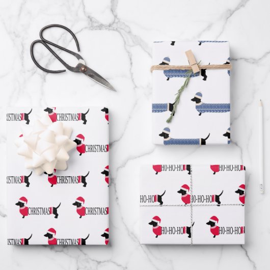 クリスマスドッグかわいいグラフィックdachshunds 3ピースおもしろい ラッピングペーパーシート (正面)
