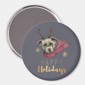 クリスマスドッグと〔雄ジカの〕枝角水彩イラストレーション マグネット (正面/裏面)