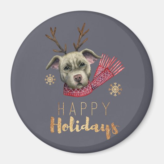 クリスマスドッグと〔雄ジカの〕枝角水彩イラストレーション マグネット (正面)