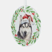 クリスマスドッグシベリアハスキーサンタハットホリデー ガラスオーナメント (正面左)