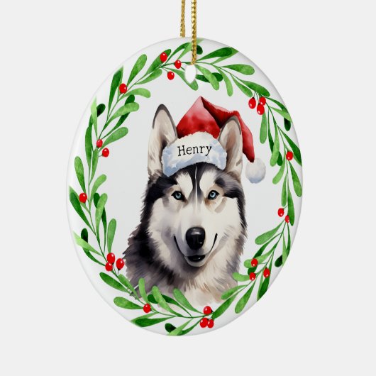 クリスマスドッグシベリアハスキーサンタハットホリデー セラミックオーナメント (右)