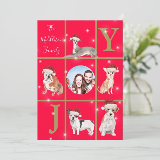 クリスマスドッグス写真おもしろいレッドホリデーカード シーズンカード (スタンド正面)