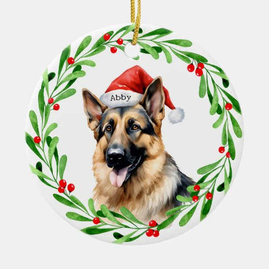 クリスマスドッグドイツ羊飼いサンタ セラミックオーナメント (正面)