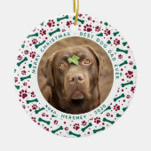 クリスマスドッグパパのパーソナライズされたペットの写真の手のプリント セラミックオーナメント (正面)