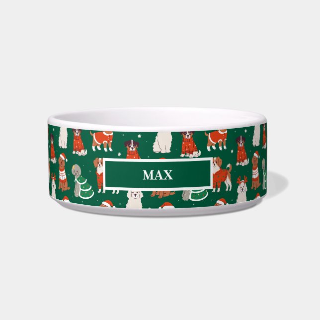 クリスマスドッグパーソナライズされたペット ボウル (正面)
