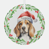 クリスマスドッグビーグルサンタハットホリデーホームデコール ガラスオーナメント (正面)