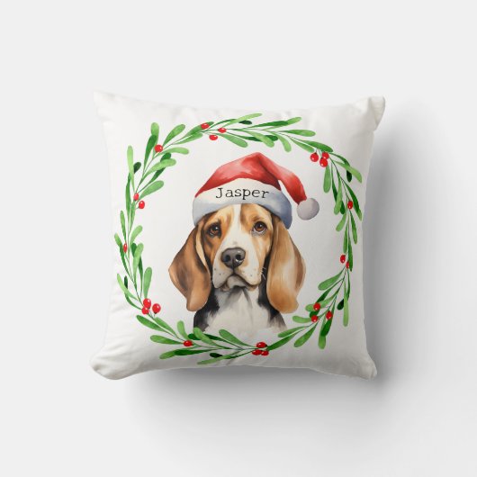 クリスマスドッグビーグルサンタハットホリデー クッション (正面)