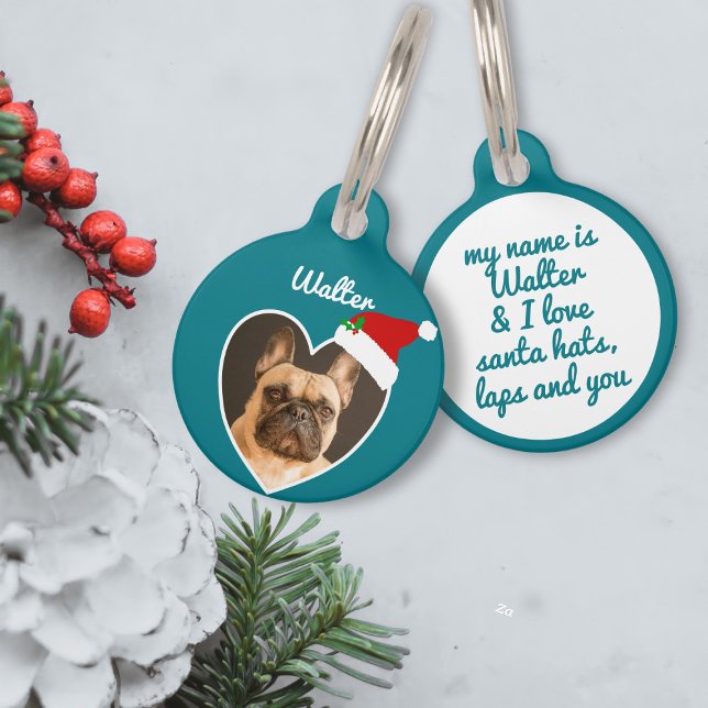 クリスマスドッグフォトサンタハットティール（緑がかった色）ハートフェスティバル ペット　ネームタグ (A fun and  festive pet ID tag that your pup will love to wear this Holiday Season)
