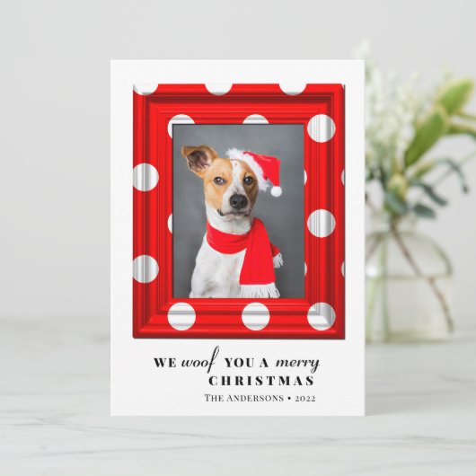 クリスマスドッグペットフォトシンプルフォトレッドホリデーフレーム シーズンカード (スタンド正面)
