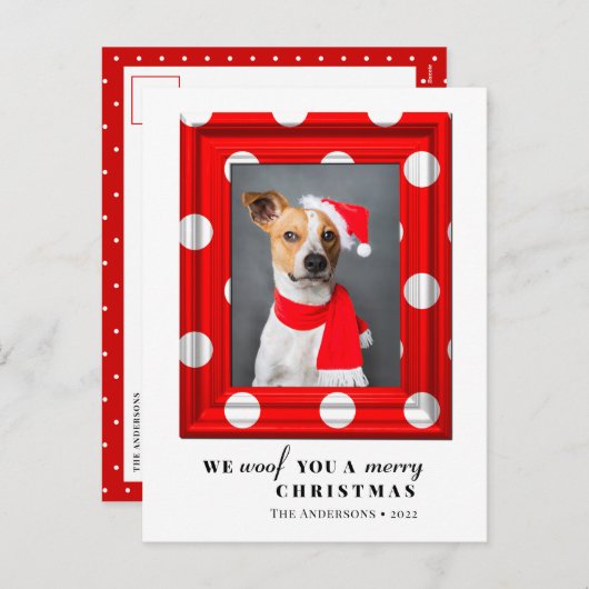 クリスマスドッグペットフォトシンプルフォトレッドホリデーフレーム シーズンポストカード (正面/裏面)