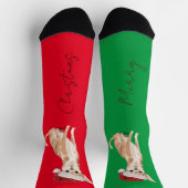 クリスマスドッグ恋人テリアパタンおもしろい赤グリーン ソックス (上部)