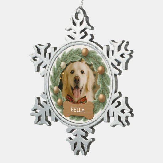 クリスマスドッグ文字フォトリース名休日 スノーフレークピューターオーナメント (右)