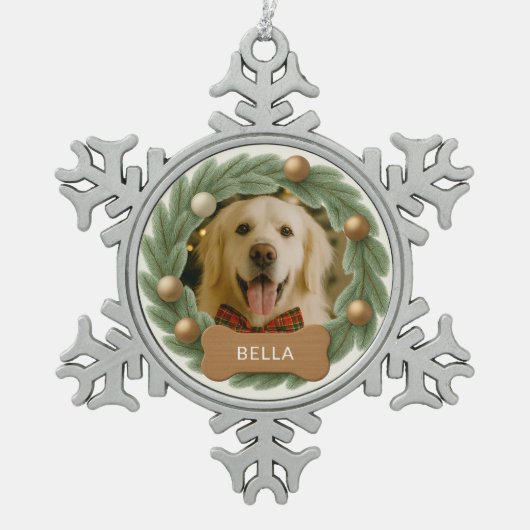 クリスマスドッグ文字フォトリース名休日 スノーフレークピューターオーナメント (正面)