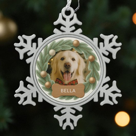 クリスマスドッグ文字フォトリース名休日 スノーフレークピューターオーナメント