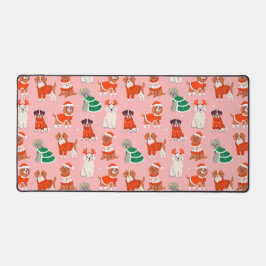 クリスマスドッグ柄ピンクのホリデーデスクマット デスクマット