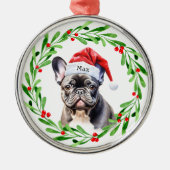 クリスマスドッグ黒フレンチブルドッグサフランスのンタ メタルオーナメント (正面)