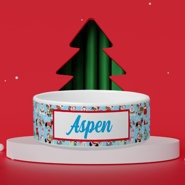 クリスマスドッグ フェスティブ ペット ネーム ボウル (Fun whimsical Christmas pattern that is fun to add to your Christmas decorations! )
