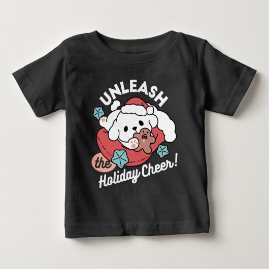 クリスマスドッグinサンタハット – ペットのための休日応援 ベビーTシャツ (正面)