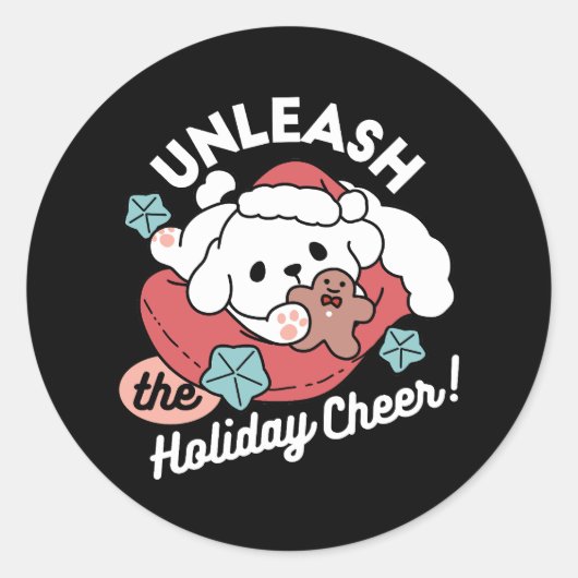 クリスマスドッグinサンタハット – ペットのための休日応援 ラウンドシール (正面)