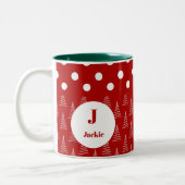 クリスマスドット&ツリーの名前をカスタムするとメッセージ ツートーンマグカップ (左)