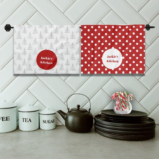 クリスマスドット&ツリー名前をカスタムする キッチンタオル