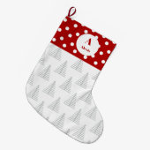 クリスマスドット&ホワイトツリーズ名前をカスタムする ラージクリスマスストッキング (正面 (吊り時))