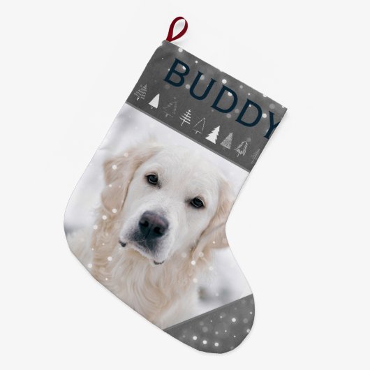クリスマスドパーソナライズされたッグまたは猫写真ストッキング ラージクリスマスストッキング (正面 (吊り時))
