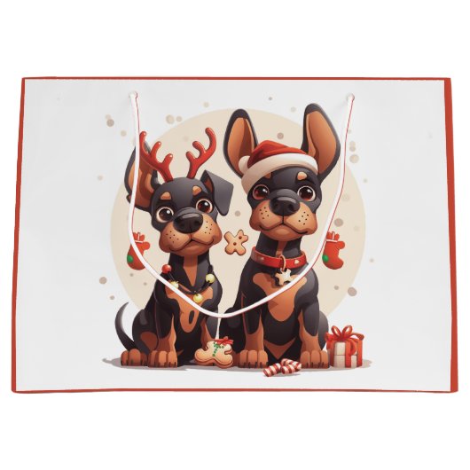 クリスマスドベルマン犬 ラージペーパーバッグ (正面)