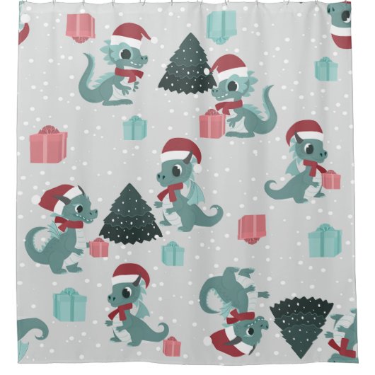 クリスマスドラゴンサンタ冬雪かわいいxmas シャワーカーテン (正面)