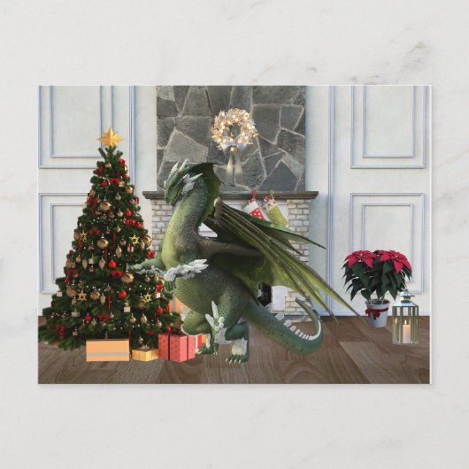 クリスマスドラゴンツリー暖炉シーン ポストカード (正面)
