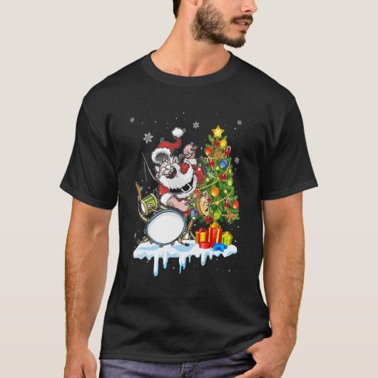 クリスマスドラムとサンタドラマーのツリークリスマス Tシャツ (正面)