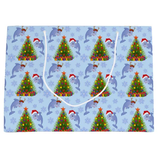 クリスマスドルフィンの海藻の木のパターンパーティーバッグ ラージペーパーバッグ (正面)