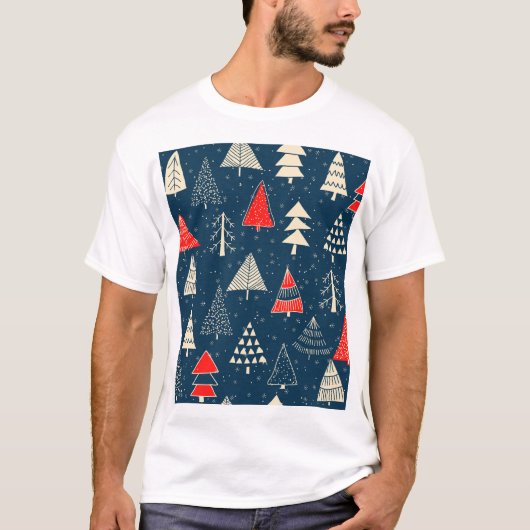 クリスマスドードルの木、シームレスな冬のパターン。 Tシャツ (正面)