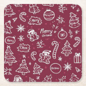 クリスマスドードルズパープルメリークリスマス スクエアペーパーコースター (正面)