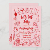 クリスマスドードル招待状、ピンクと赤招待状 招待状 (正面/裏面)