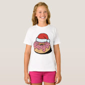 クリスマスドーナツデザイン - かわいいサンタ帽子のホリデー Tシャツ (正面フル)