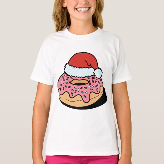 クリスマスドーナツデザイン - かわいいサンタ帽子のホリデー Tシャツ (正面)