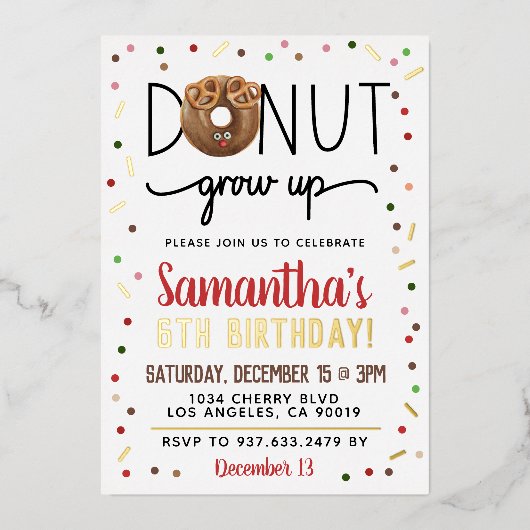 クリスマスドーナツ成長誕生日フォイル招待状 箔招待状 (正面)
